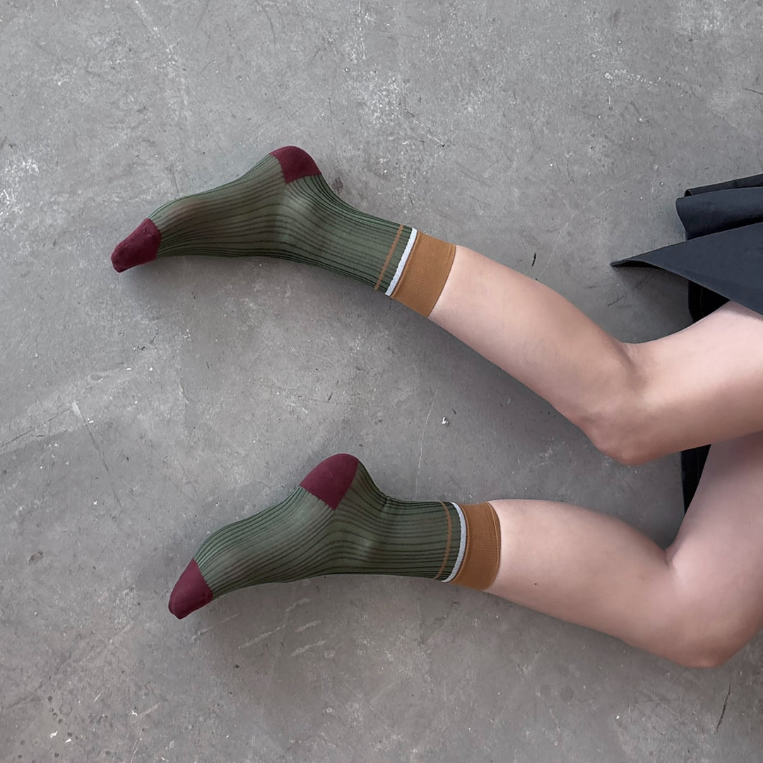 Color Block Green Orange Thin Socks