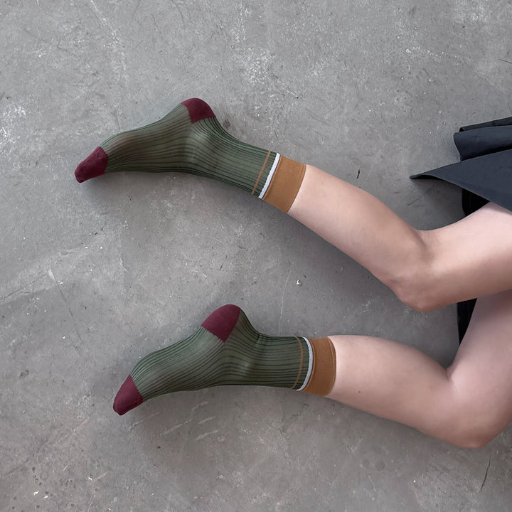Color Block Green Orange Thin Socks