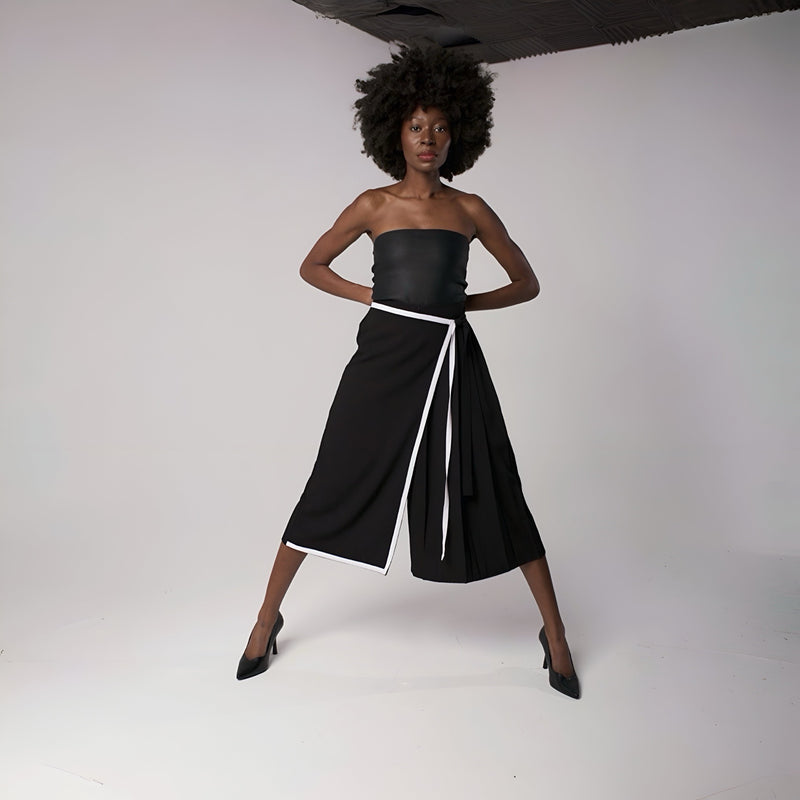 Black Asymmetrical Culottes Trousers With Wrap Detail