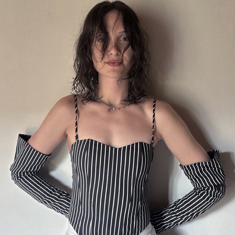Black Pinstripes Sweetheart Corset With Long Gloves