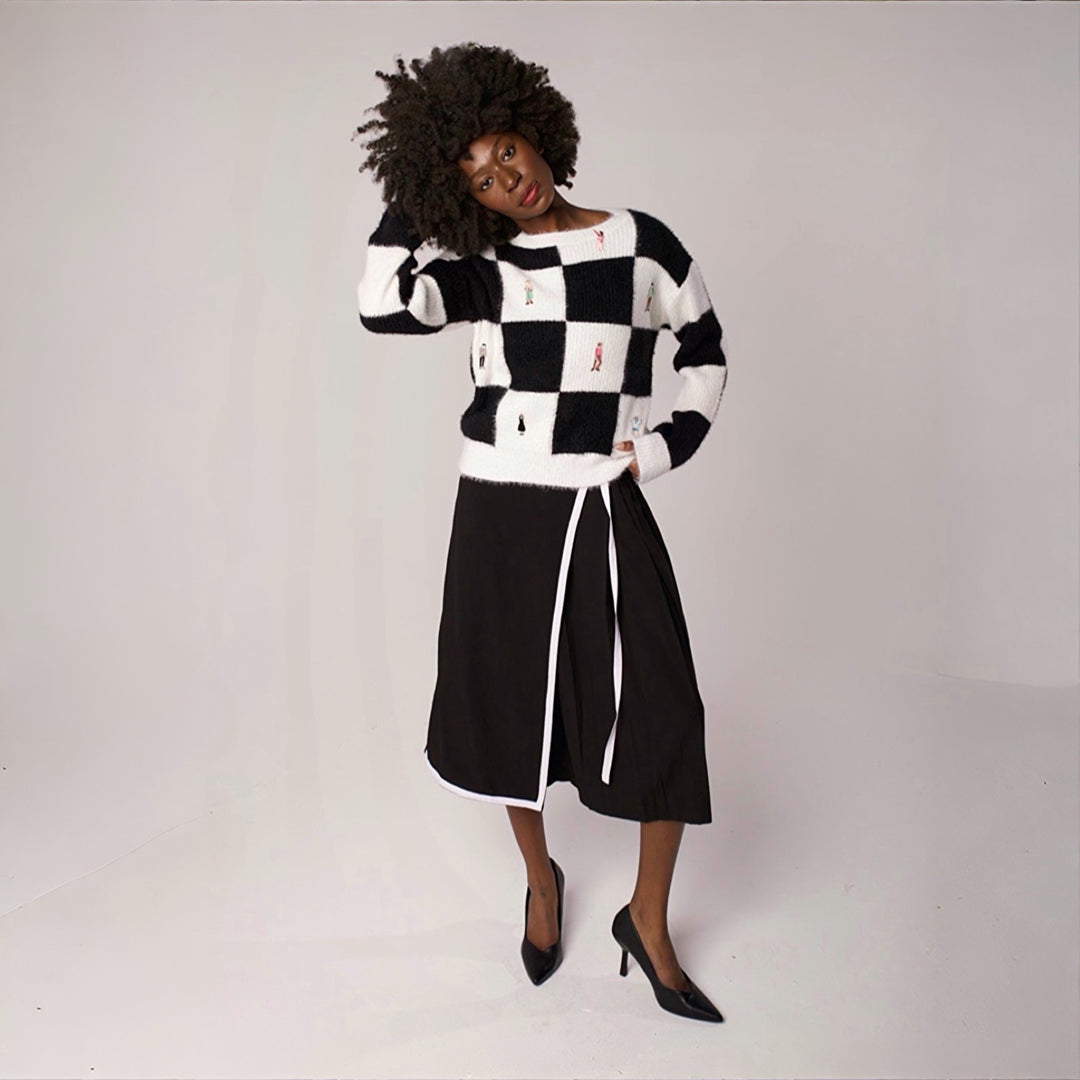Checkered knit cardigan with embroidery patches