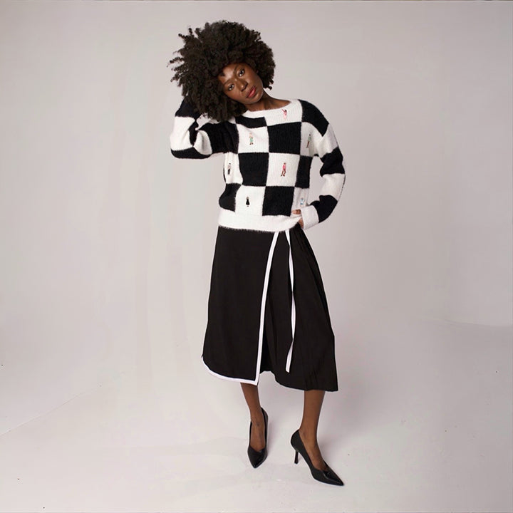 Checkered knit cardigan with embroidery patches