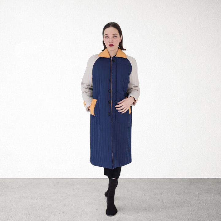 Navy Orange Patchwork Colour Block Quilt Long Jacket