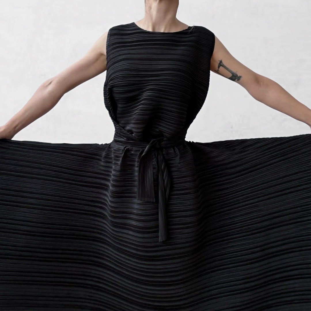 Black multi-wear pleated asymmetric dress