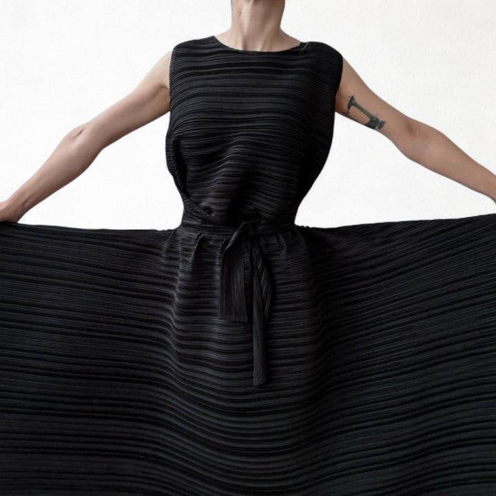Black multi-wear pleated asymmetric dress