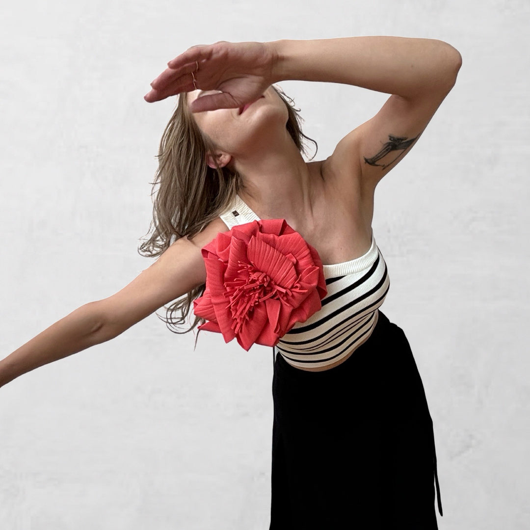 Striped one shoulder crop top with red flower pin