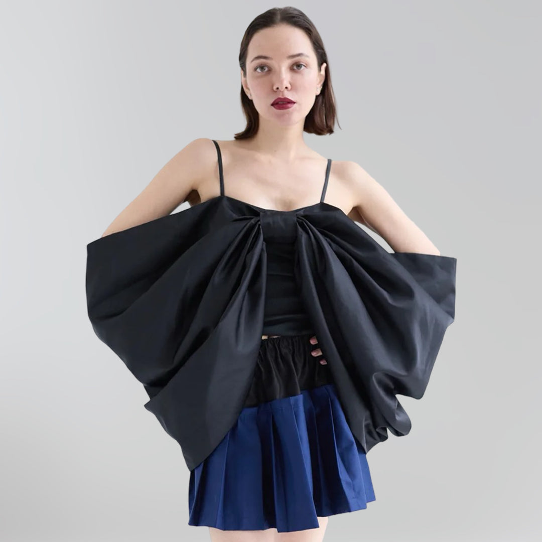 Black satin exaggerated bow top with straps