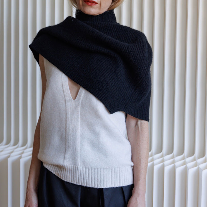 Black Wool High Neck Cape Shawl