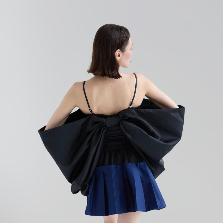 Black satin exaggerated bow top with straps