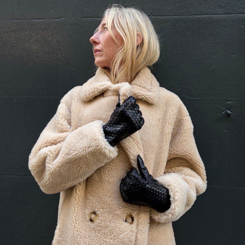 Black Woven Leather Short Gloves