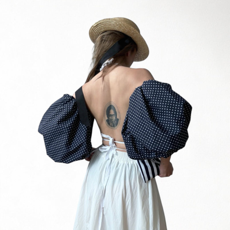 Navy White Striped Halter Top With Balloon Sleeves