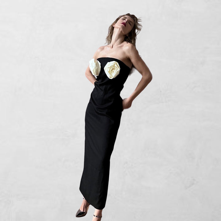 Black strapless dress with white flowers appliqué