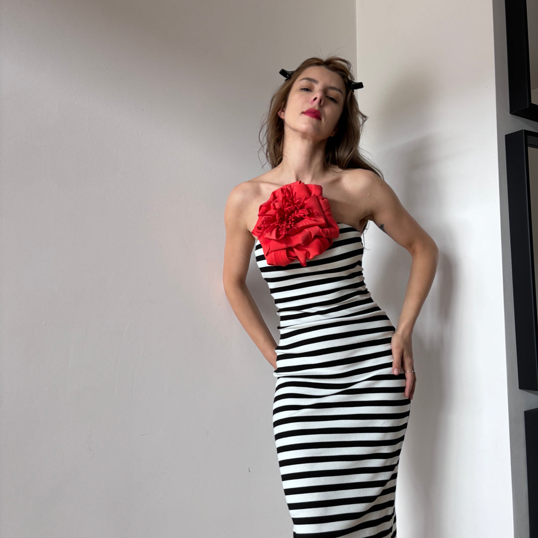 Strapless ribbed striped tube dress with red flower pin