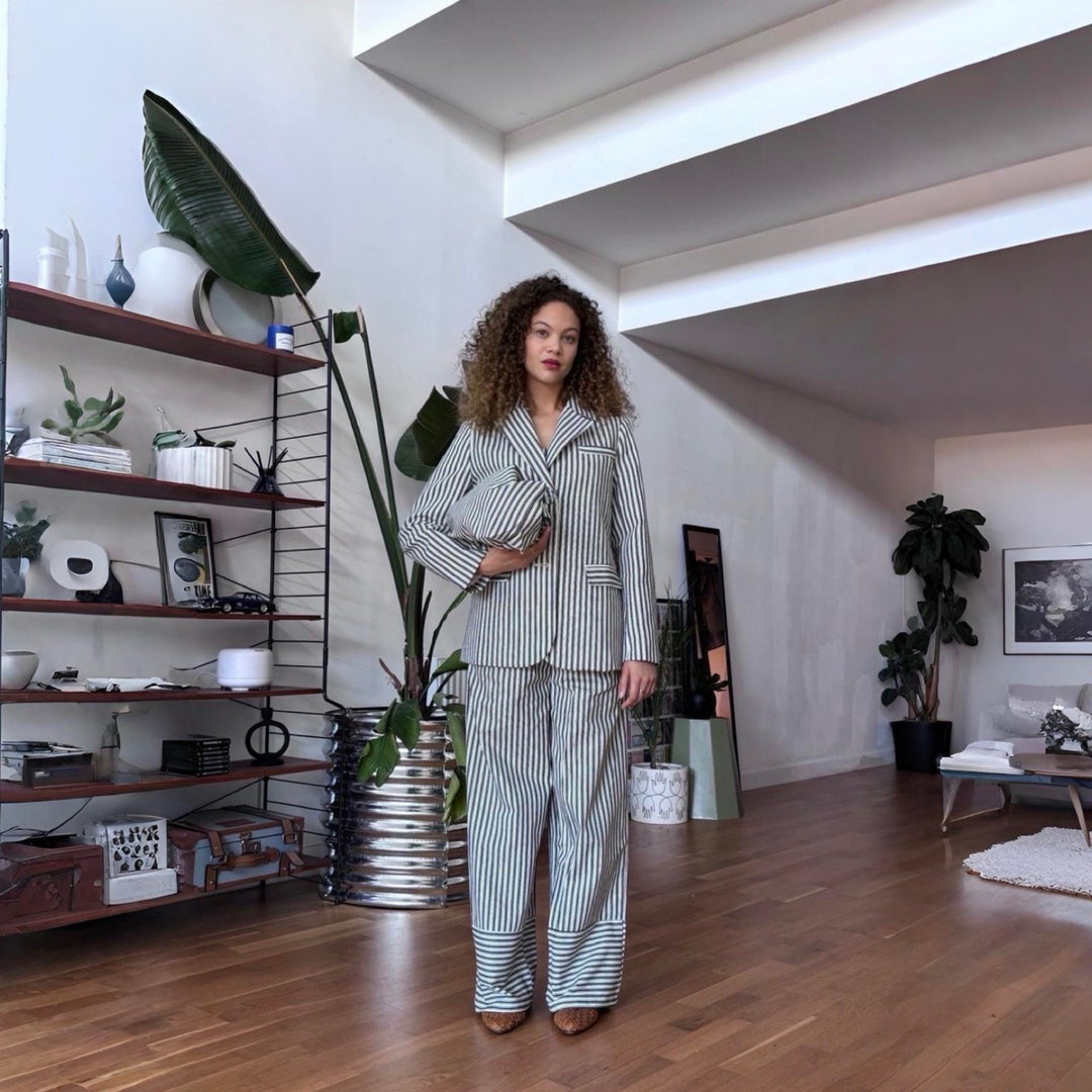 Black White Striped Blazer Trousers Corset And Tote Bag Four Piece Set