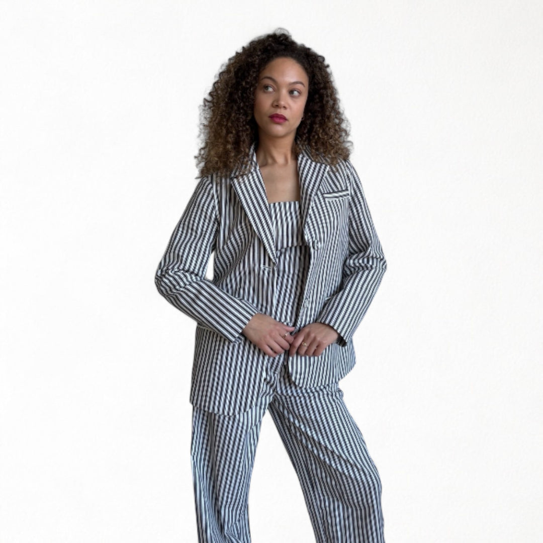 Black White Striped Blazer Trousers Corset And Tote Bag Four Piece Set