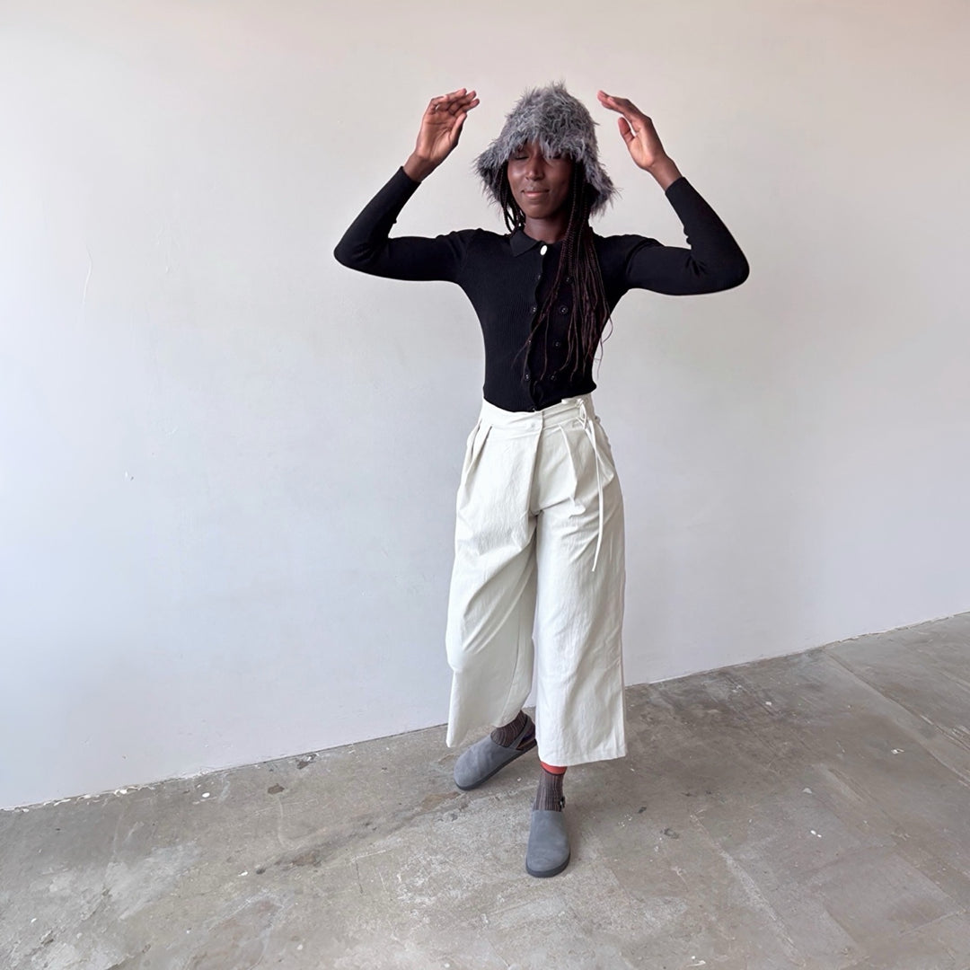 Light grey technical culottes with wrap detail
