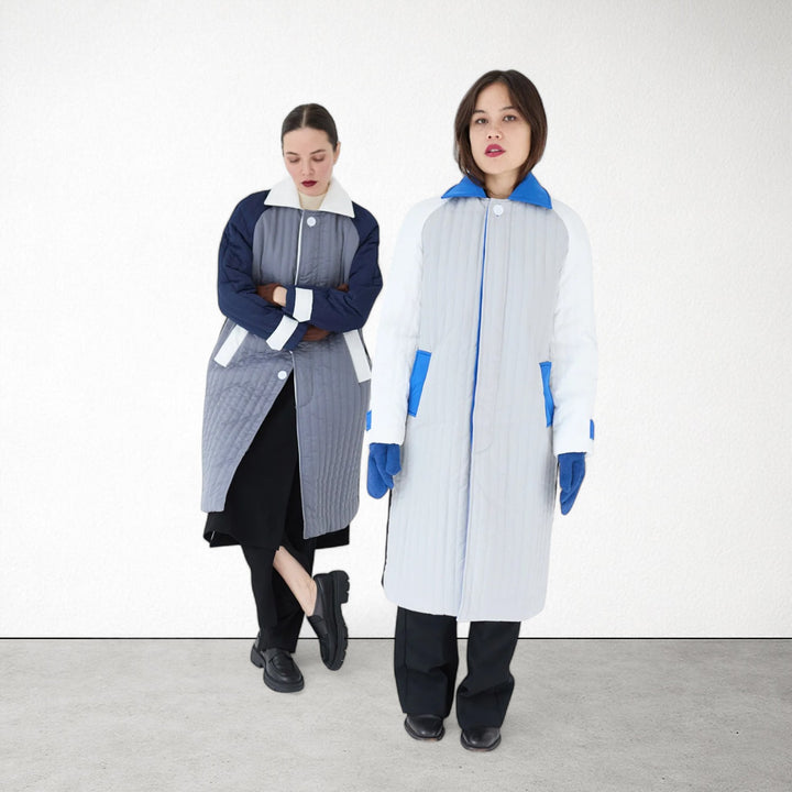 Grey Navy White Patchwork Colour Block Quilt Long Jacket