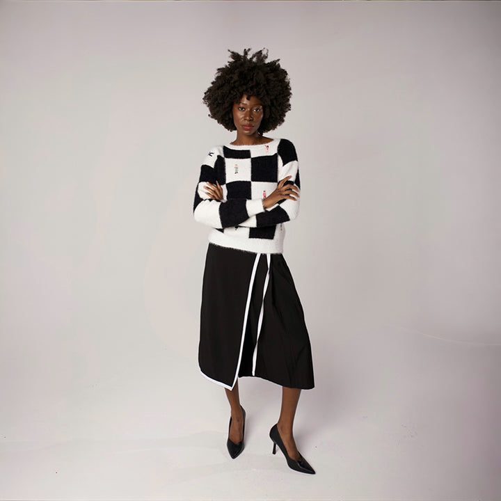 Checkered knit cardigan with embroidery patches