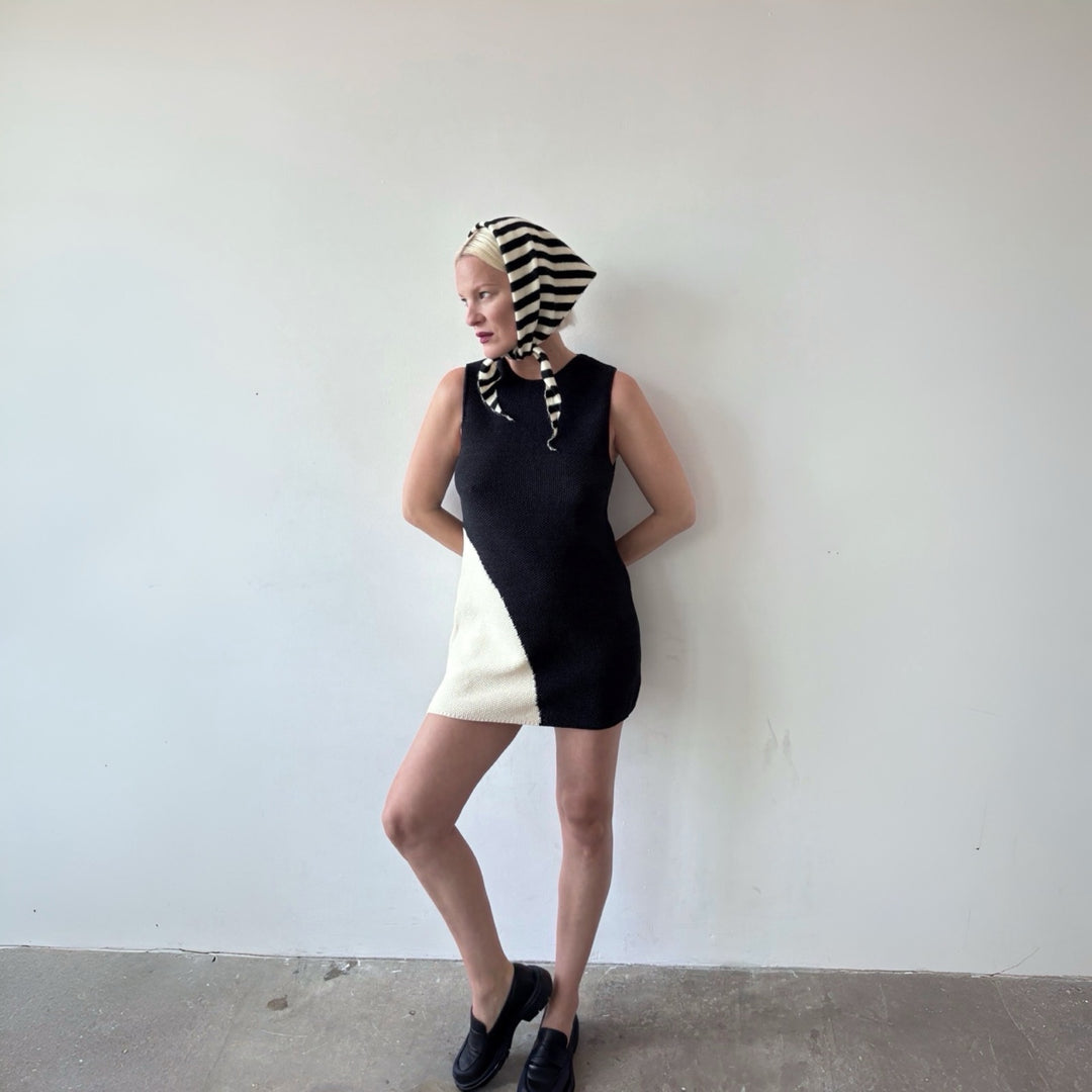 Black and Beige Waffle Knit Short Dress