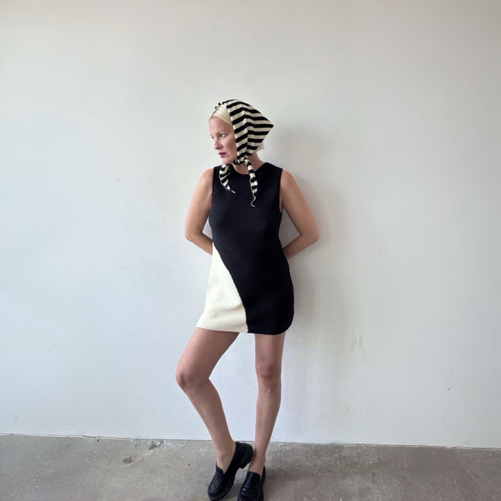 Black and Beige Waffle Knit Short Dress