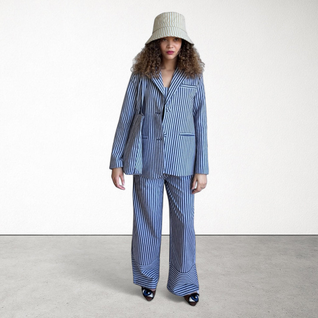 Blue White Striped Wide Leg Trousers