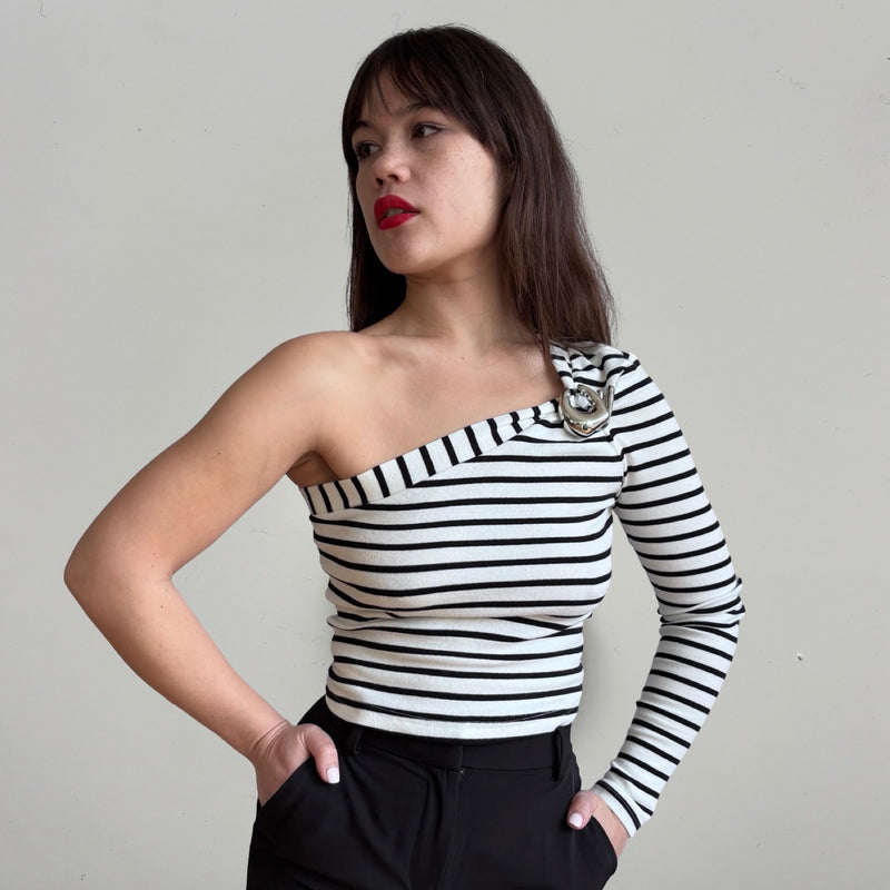 Striped One Sleeve Top With Metal Brooch