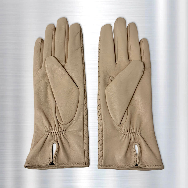 Beige Woven Leather Short Gloves