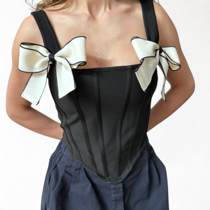 Black rib knit corset top with bows