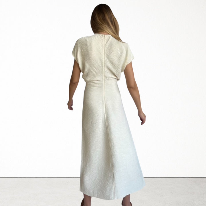 Beige crinkled long dress with crochet flower