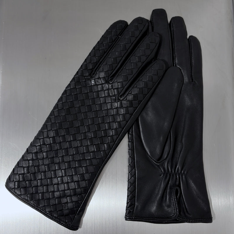 Black Woven Leather Short Gloves