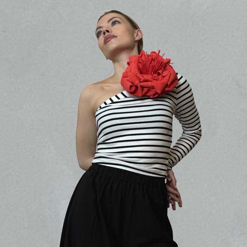 Striped One Sleeve Top With Red Flower Pin