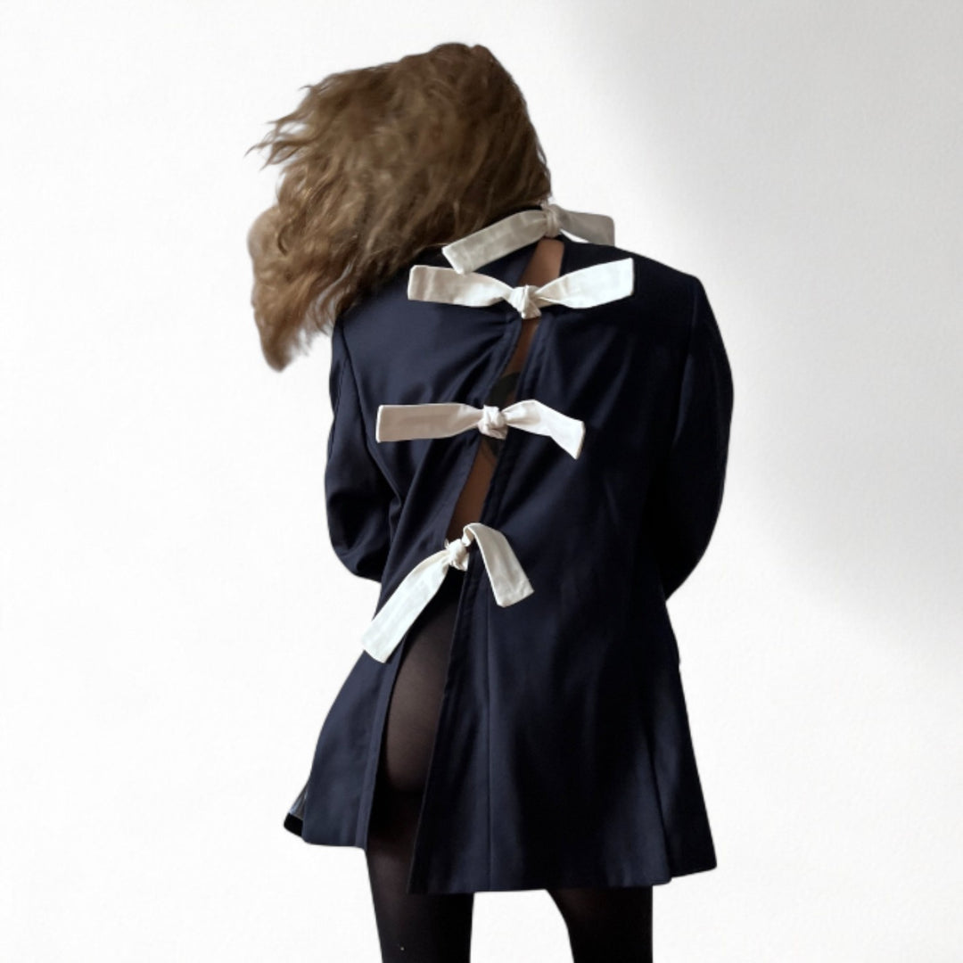 Reworked men blazer with back cut out and white bows