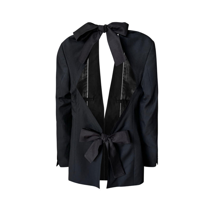 Reworked black blazer with open back and black bows