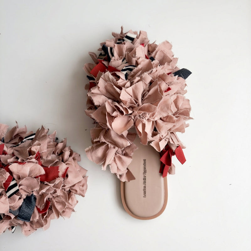 Pom Pom Blush Fabric and Leather Mules Slip On Shoes