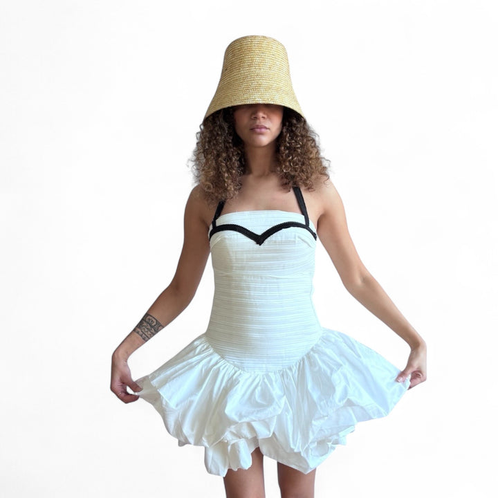 Raffia rigid bucket hat with ties