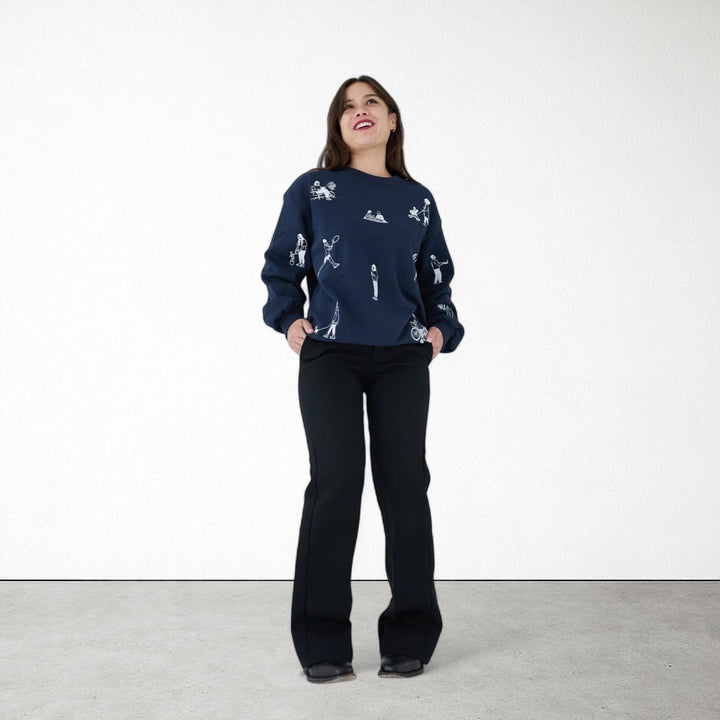 Navy heavyweight jumper with people embroidery