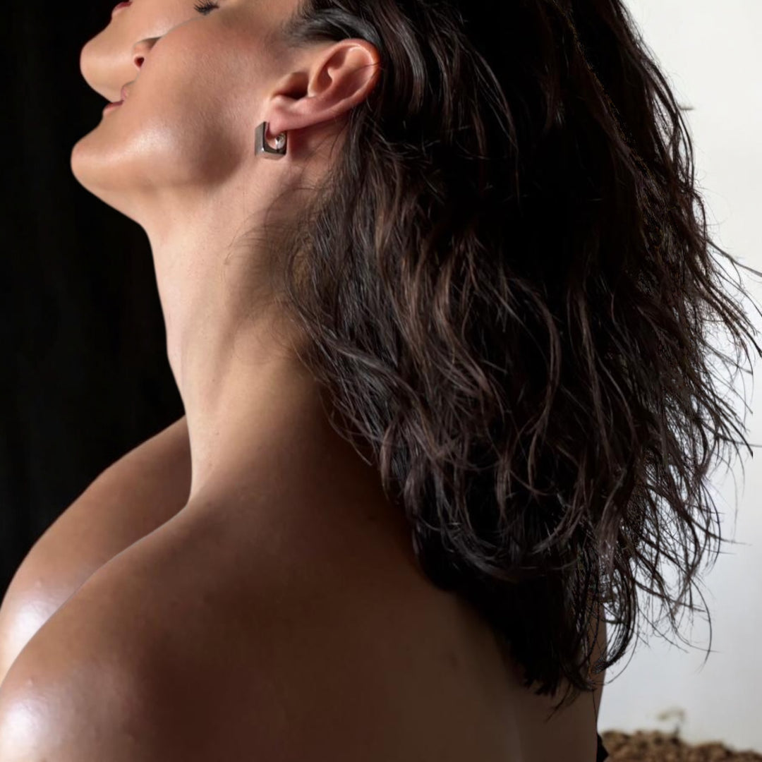 Silver Square Earlobe Hoop Earrings