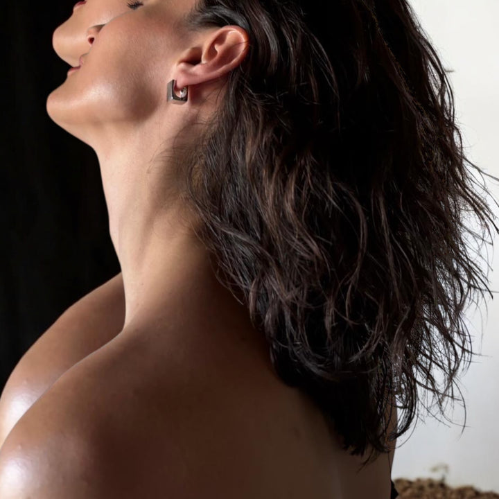 Silver Square Earlobe Hoop Earrings