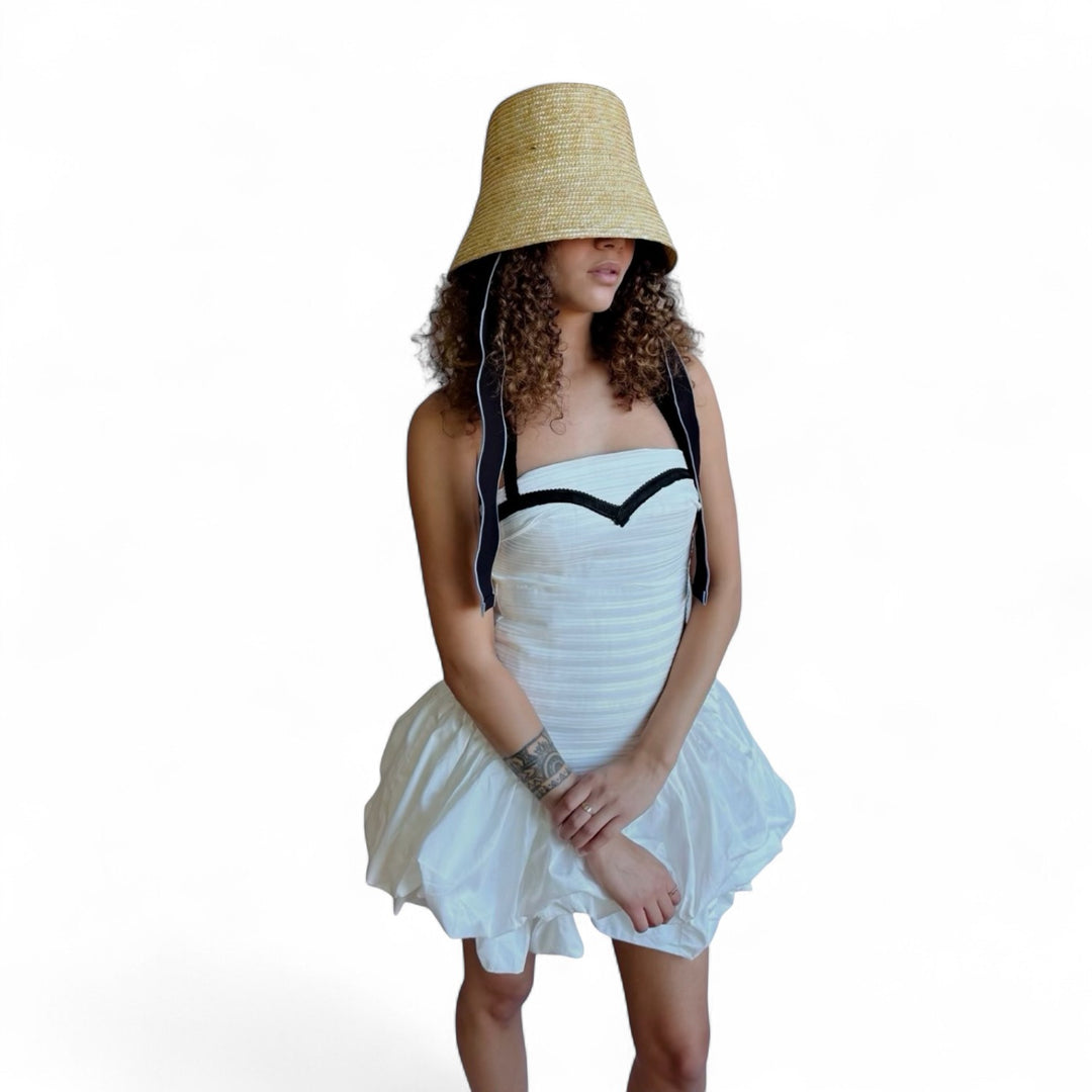 White rushed mini dress with corset top and black application