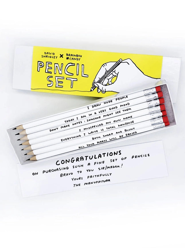 David Shrigley Funny Pencil Box Gift Six Designs Set One