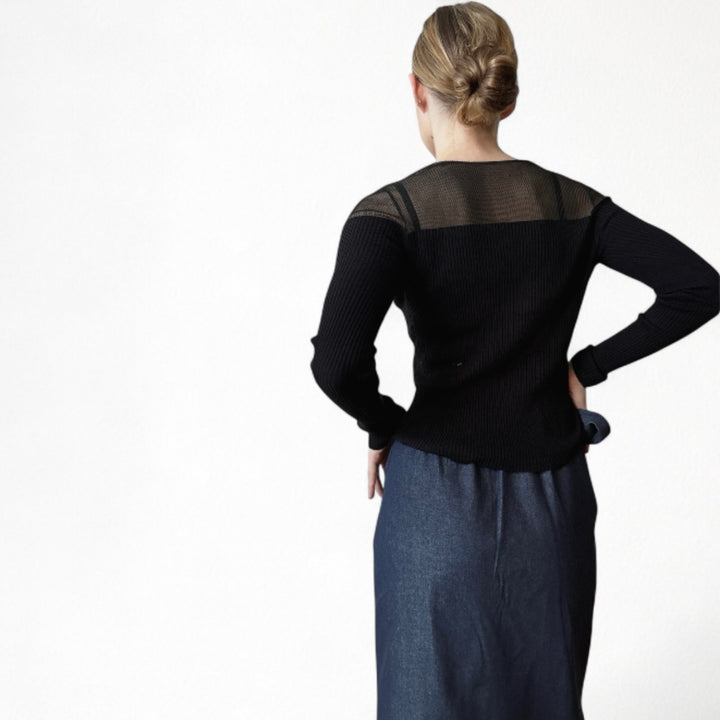 Denim wrap skirt with hand shaped appliqué pocket