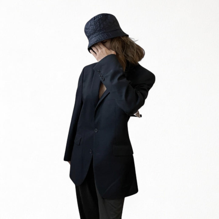 Reworked men blazer with back cut out and white bows