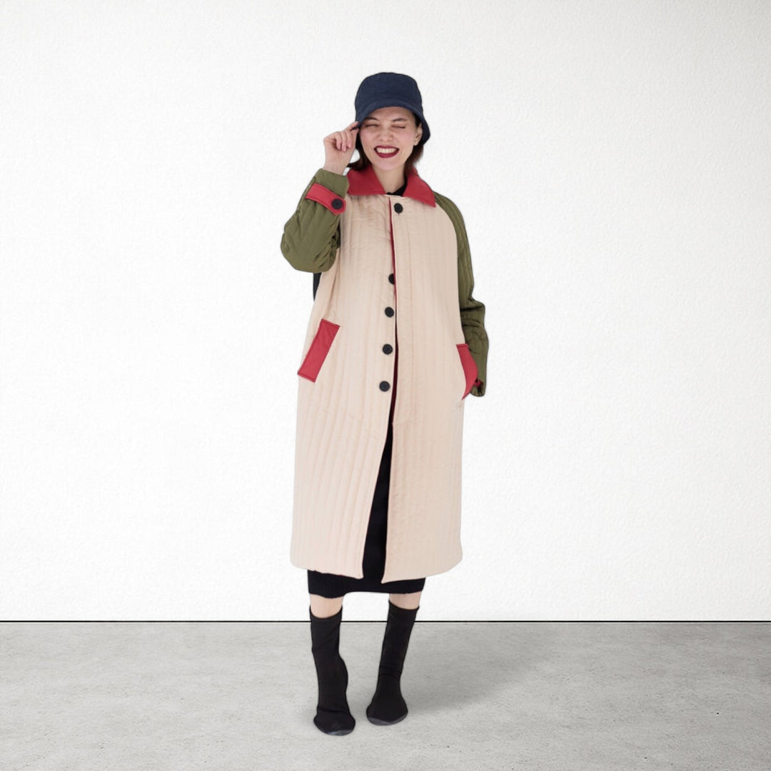 Beige Khaki Patchwork Color Block Quilt Long Jacket