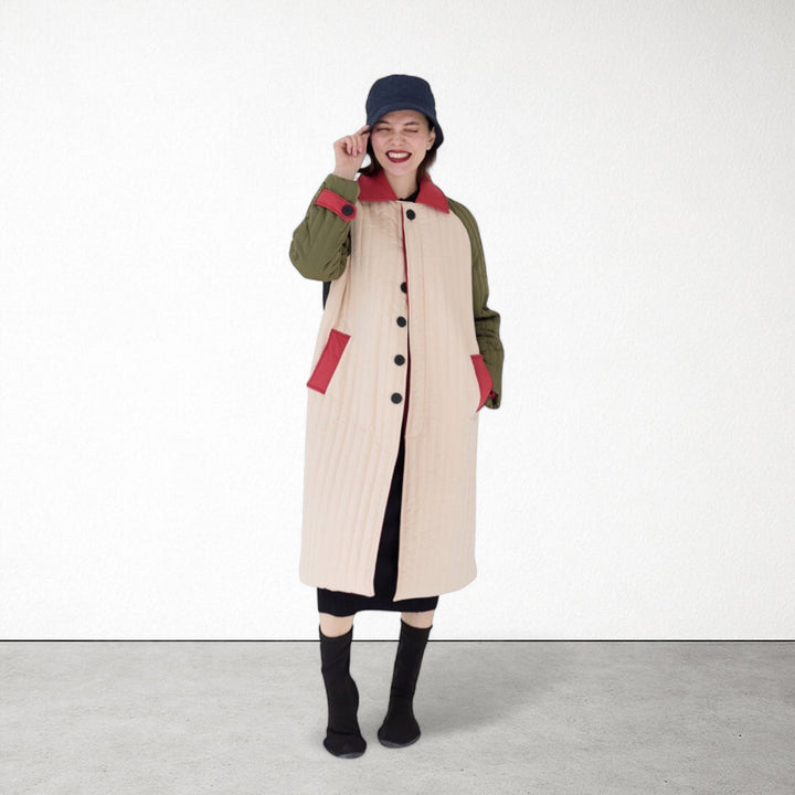 Beige Khaki Patchwork Color Block Quilt Long Jacket