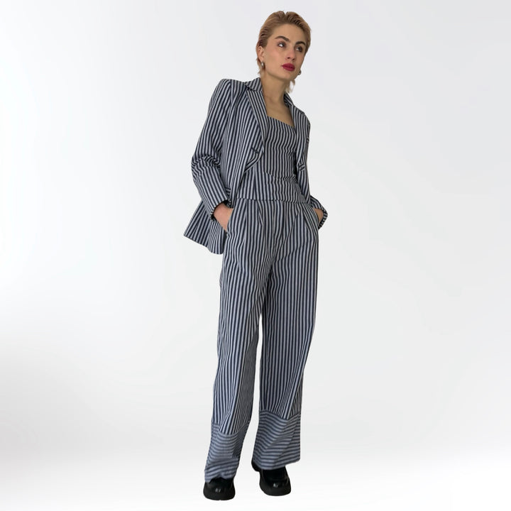 Blue White Striped Blazer Trousers Corset And Tote Bag Four Piece Set