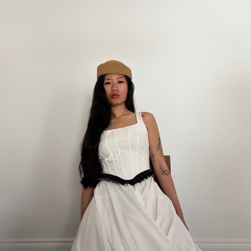White Rib Knit Corset Top With Ruffle