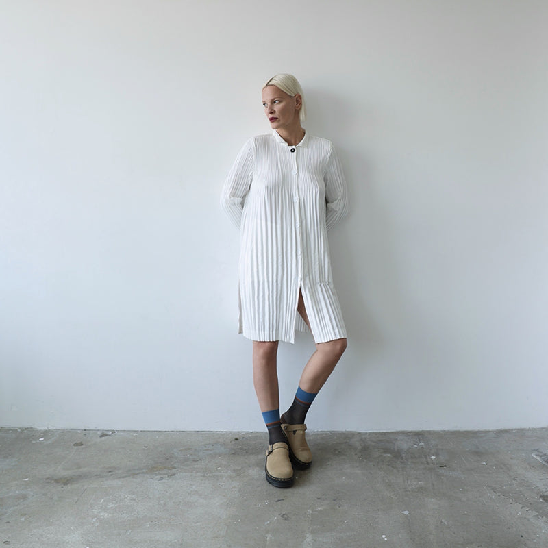 White Accordion Pleated Shirt Dress