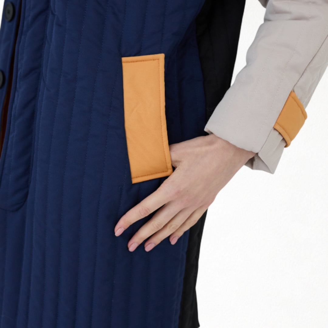 Navy Orange Patchwork Colour Block Quilt Long Jacket