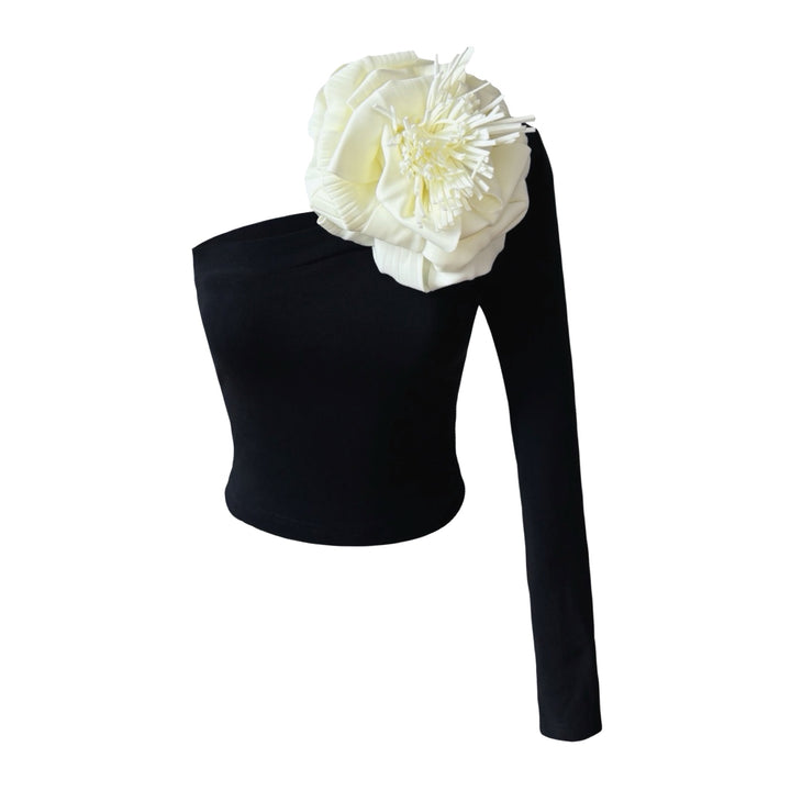 Black one sleeve top with white flower pin