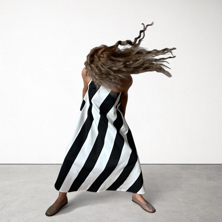 Striped one shoulder A line dress with matching long tie